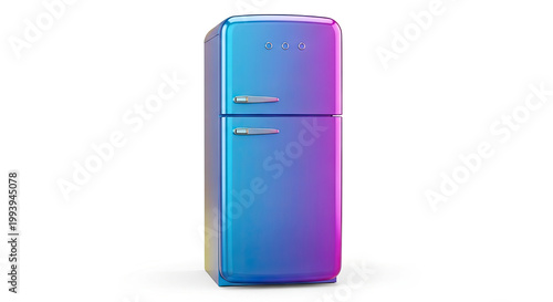 Retro-style refrigerator with vibrant blue and purple iridescent gradient finish isolated on a clean white background