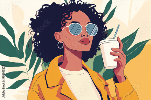 Stylish fashionable woman with sunglasses holding disposable paper cup of coffee. Enjoy moment, take a break on holiday.