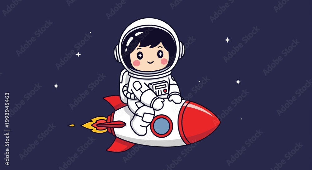 Naklejka premium Astronaut in spacesuit riding a rocket in space cartoon illustration