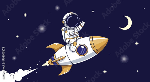 Astronaut in spacesuit riding rocket through night sky with stars and moon