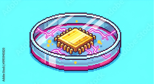 Microchip in Petri Dish Biotechnology Research Pixel Art Concept