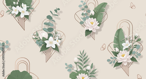 Elegant floral pattern with white flowers greenery and geometric frames