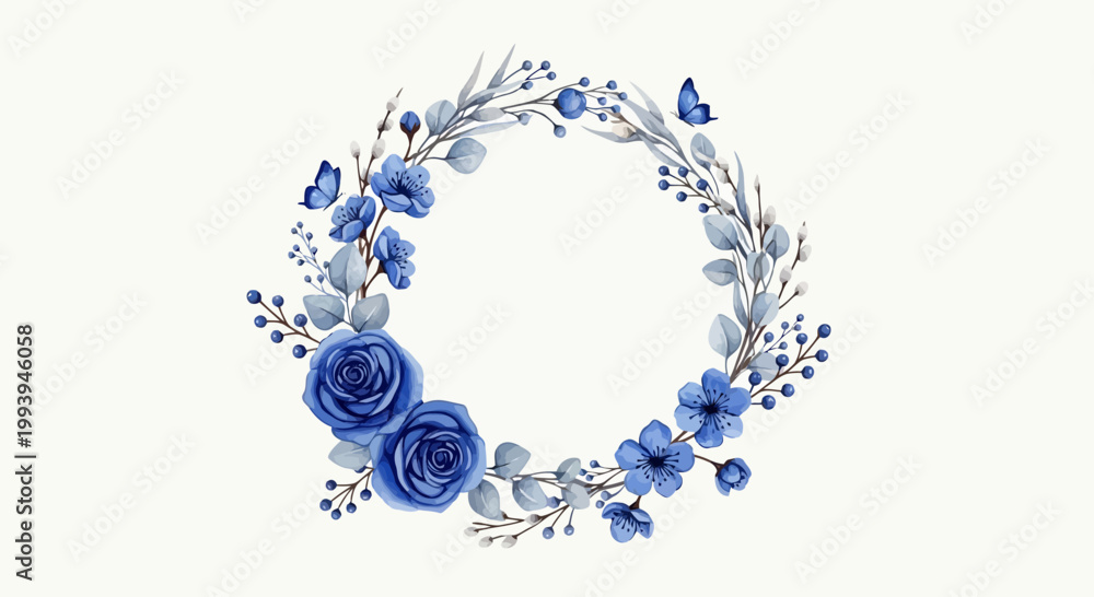 Obraz premium Elegant floral wreath of blue flowers and leaves illustration on white background