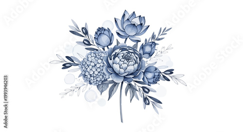 Elegant watercolor floral arrangement of blue flowers and leaves on white