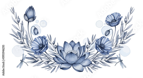 Elegant watercolor floral arrangement of blue lotus and poppy flowers