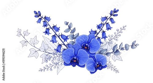 Elegant watercolor floral arrangement of blue orchids and bellflowers on white