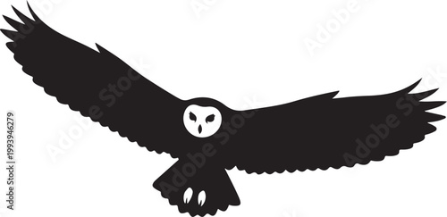 Owl silhouette, flying bird icon, black and white, vector illustration, wildlife symbol