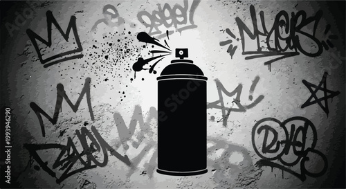 Urban graffiti spray can silhouette, black and white street art background, grunge wall with crown and star tags, aerosol paint vector illustration