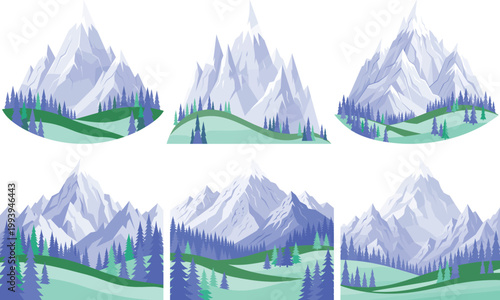 Blue mountain landscape set with forest hills and scenic nature backgrounds