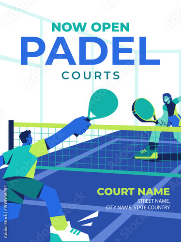 Modern flat vector illustration for a padel court opening, featuring two players in action on a teal and blue court with large Now Open Padel Courts text and arena details.