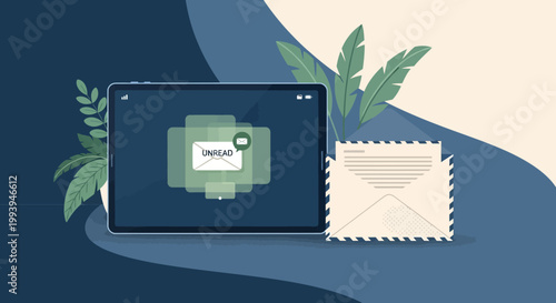 Digital communication and online correspondence illustrated with a tablet and envelope