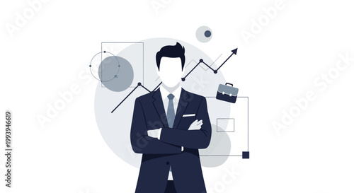 Business executive with arms crossed in front of a financial graph with upward trend and office briefcase illustration