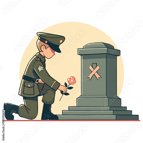 Flat Illustration of Soldier Kneeling at Stone Tombstone with Pink Ribbon and Flower in Remembrance