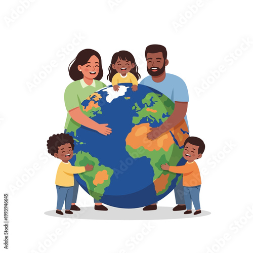 A Diverse Family Embraces the Earth with Love and Unity, Symbolizing Global Care and Harmony