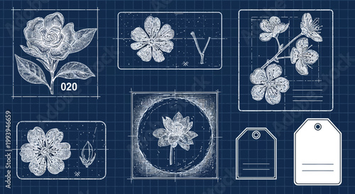 Floral blueprint designs on blue grid background for creative projects