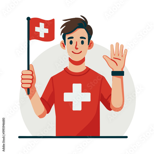 Flat Illustration of Cheerful Man Holding Swiss Flag Wearing Red Shirt on White Background