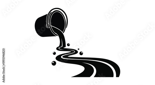 Black paint bucket spilling liquid vector icon, industrial oil spill silhouette, flowing chemical waste or ink puddle graphic on white background