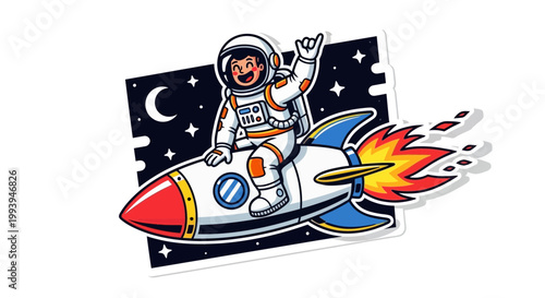 Astronaut rides rocket through space cartoon illustration isolated