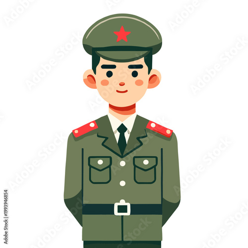 Flat Illustration of Soldier in Green Uniform with Red Star on Cap and Shoulder Straps Smiling