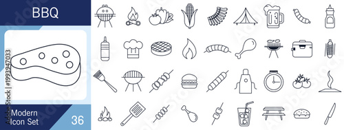 Modern Minimal BBQ and Outdoor Grilling Line Icon Set with Meat, Tools and Picnic Elements.