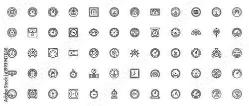 Dials and Gauges icon set. Vector dashboard instruments collection. Includes gauge, dial, pressure gauge, clock, thermostat, thermometer, speedometer, slider, scales, stopwatch and more.