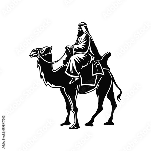 Black and white illustration of a desert explorer riding a camel in traditional Middle Eastern clothing, vintage vector style desert explorer