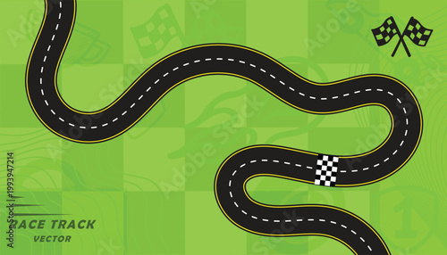 Creative vector illusion of race track or road symbol isolated on green background.