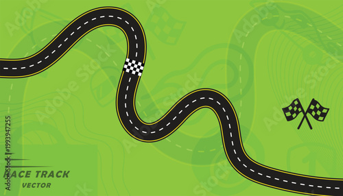 Creative vector illusion of race track or road symbol isolated on green background.