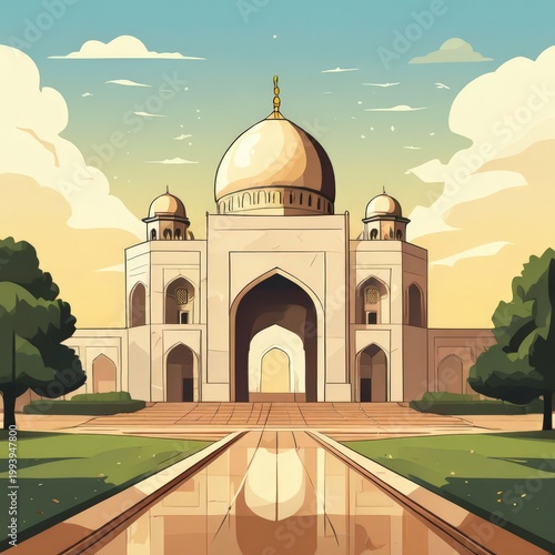 an AI Image Generator, Elegant White Mosque Garden Illustration