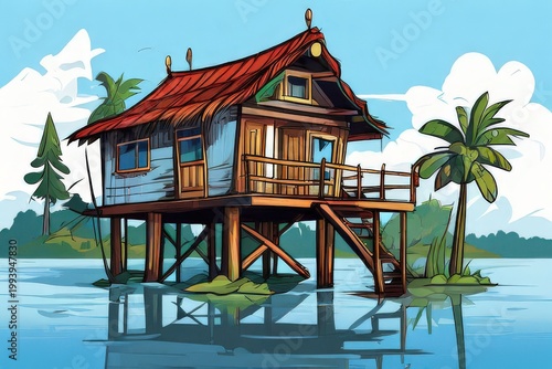 an AI Image Generator, Seaside Stilt House Over Calm Waters