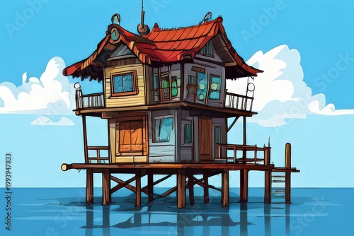 an AI Image Generator, Seaside Stilt House Over Calm Waters