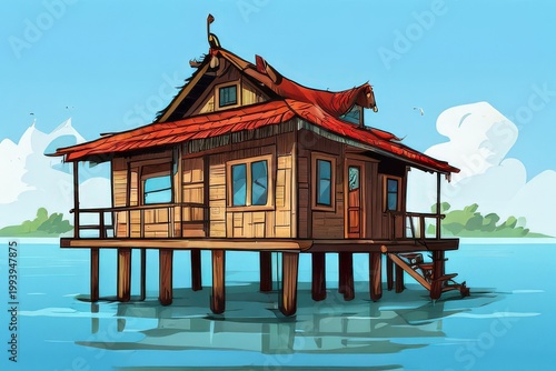 an AI Image Generator, Seaside Stilt House Over Calm Waters