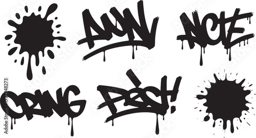 Black graffiti splash ink splatters and word art Vector Illustration on a checkered background.
