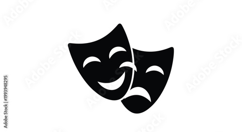 Theater comedy and tragedy masks vector icon, black and white drama masks symbol, theatrical performance and acting arts sign on white background
