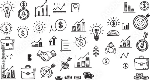 Business and finance hand drawn icons set including money coins growth charts light bulbs targets and briefcases icons Vector Illustration.