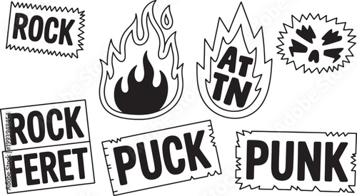 Punk rock music badges and fire flame stickers set with grunge typography bold lettering and edgy skull graphic icons Vector Illustration.