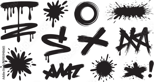 Urban graffiti spray paint elements including splatters and messy brush strokes for creative street art style creations Vector Illustration.