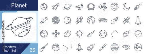 Space Planet Line Icon Collection with Astronomy Symbols and Cosmic Elements.