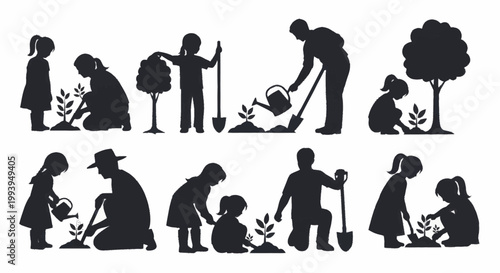 Silhouettes of people planting trees and watering plants, depicting gardening and environmental care.