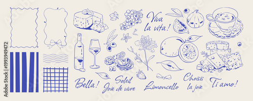 Coquette mediterranean morning food ink line. Cute blue doodle set with cup and wine as breakfast accents. Italian cheese and croissant appear as cafe meal brunch menu element with template frame