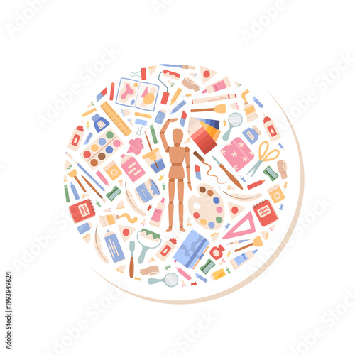 Artist equipment flat doodle circle art sticker. Creative artist tools appear as cartoon sticker set with brush and palette and mannequin on white. Color supplies form round icon for school class,