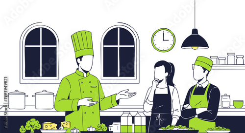 A professional chef teaching kitchen staff members how to prepare culinary dishes in a vector illustration style.