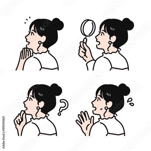 まとめ髪の若い女性の後ろ姿のシンプルなベクターイラストセット素材