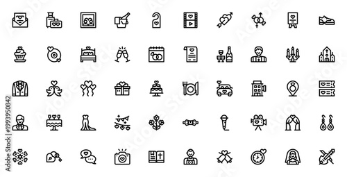 Wedding icon set. Vector illustration pack. Includes symbols for wedding cake, dress, invitation, champagne, church, bride, groom, honeymoon and more. Editable stroke.