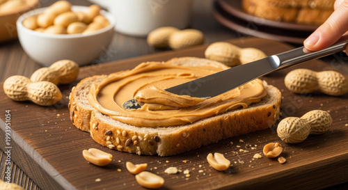 Close-up of creamy peanut butter being spread on a slice of whole grain bread with fresh peanuts scattered on a wooden board