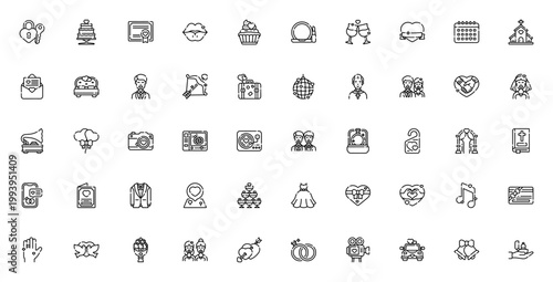 Wedding icon set. Vector illustration pack. Includes symbols for bride, groom, cake, ring, dress, invitation, heart and more. Editable stroke.