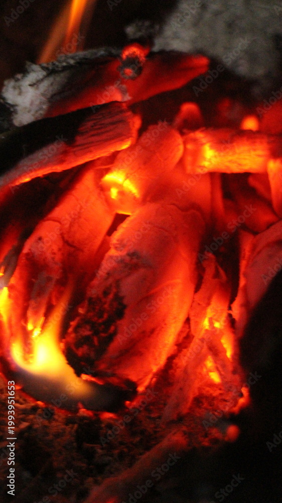 Fototapeta premium Home fireplace with burning wood, blazing fire creates a warm and cozy atmosphere.