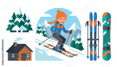 A cartoon illustration of skiing girl.