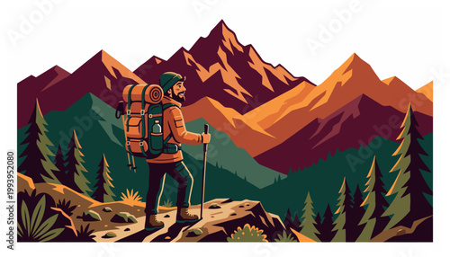 Hiker standing on mountain peak looking out.