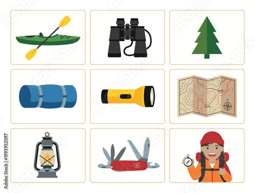 Outdoor adventure and camping icons set.